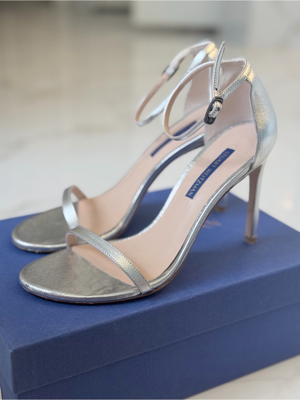 Stuart Weitzman Metallic Silver Open-Toe Ankle-Strap Heels size 7 and 1/2